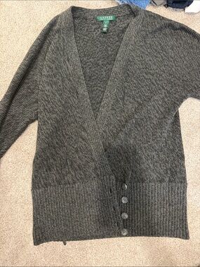 Lauren Ralph Lauren Gray Marled V-Neck Button Cardigan